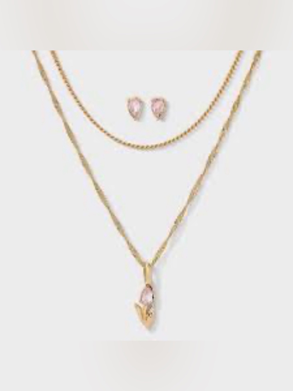 14K Gold Dipped Layered Necklace w/Pink Tulip Stone Pendant & Matching Earrings